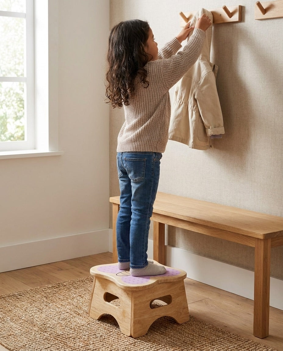 A young girl stands on the Mei butterfly step stool to hang her own coat on a wall hook.