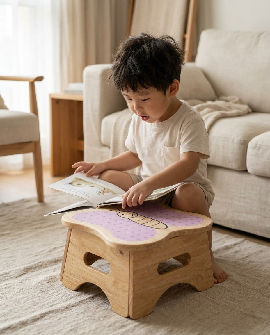 A young boy sits on the Mei butterfly step stool reading a picture book aloud to the butterfly on its seat.
