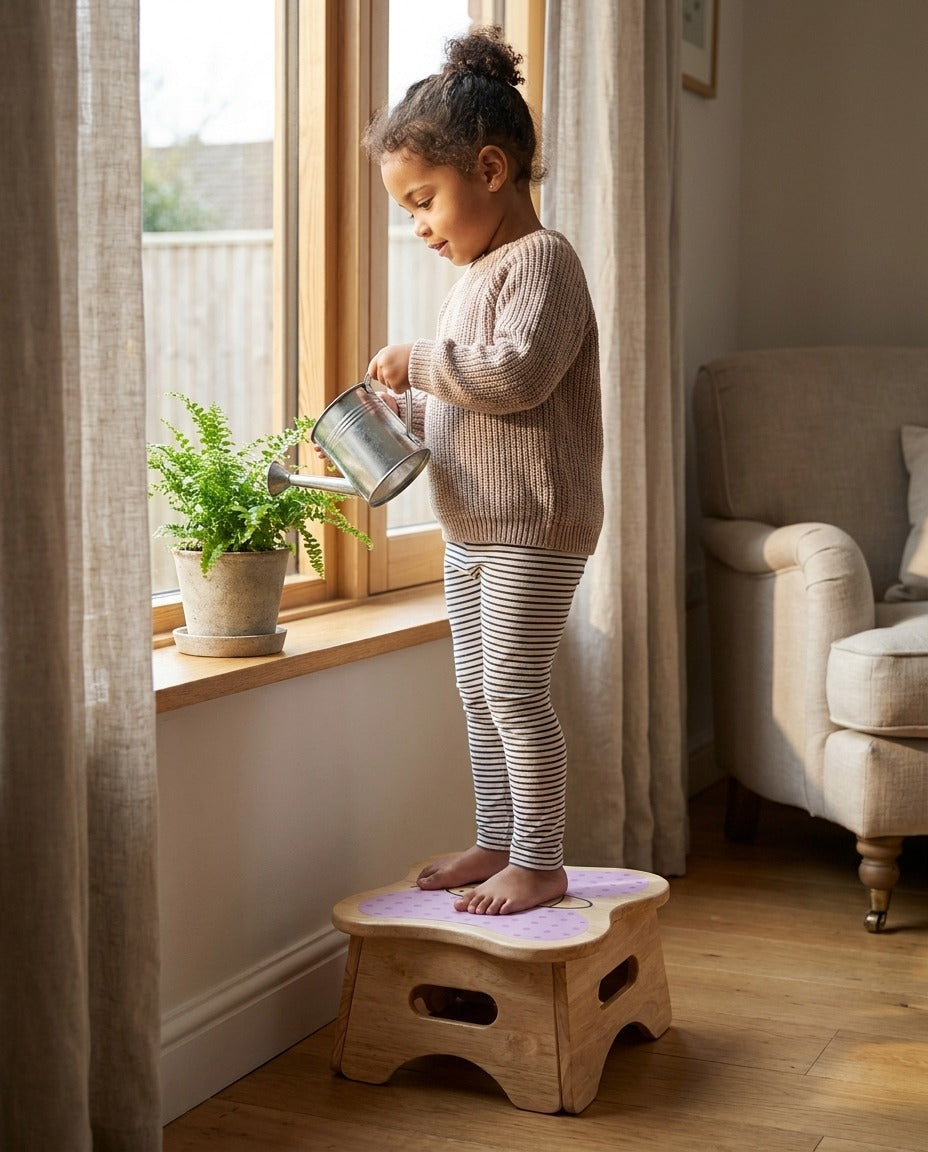 A young girl stands on the Mei butterfly step stool at a window sill, watering a potted plant with a small watering can.