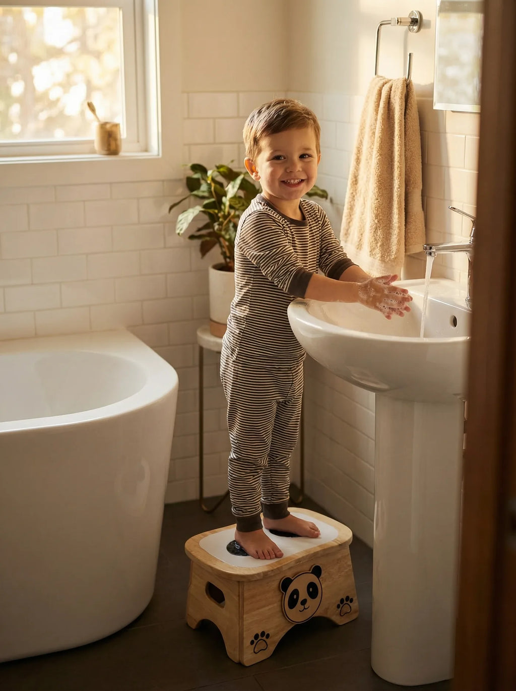 A child in striped pyjamas standing on Ray the Panda to wash their hands at the bathroom sink.